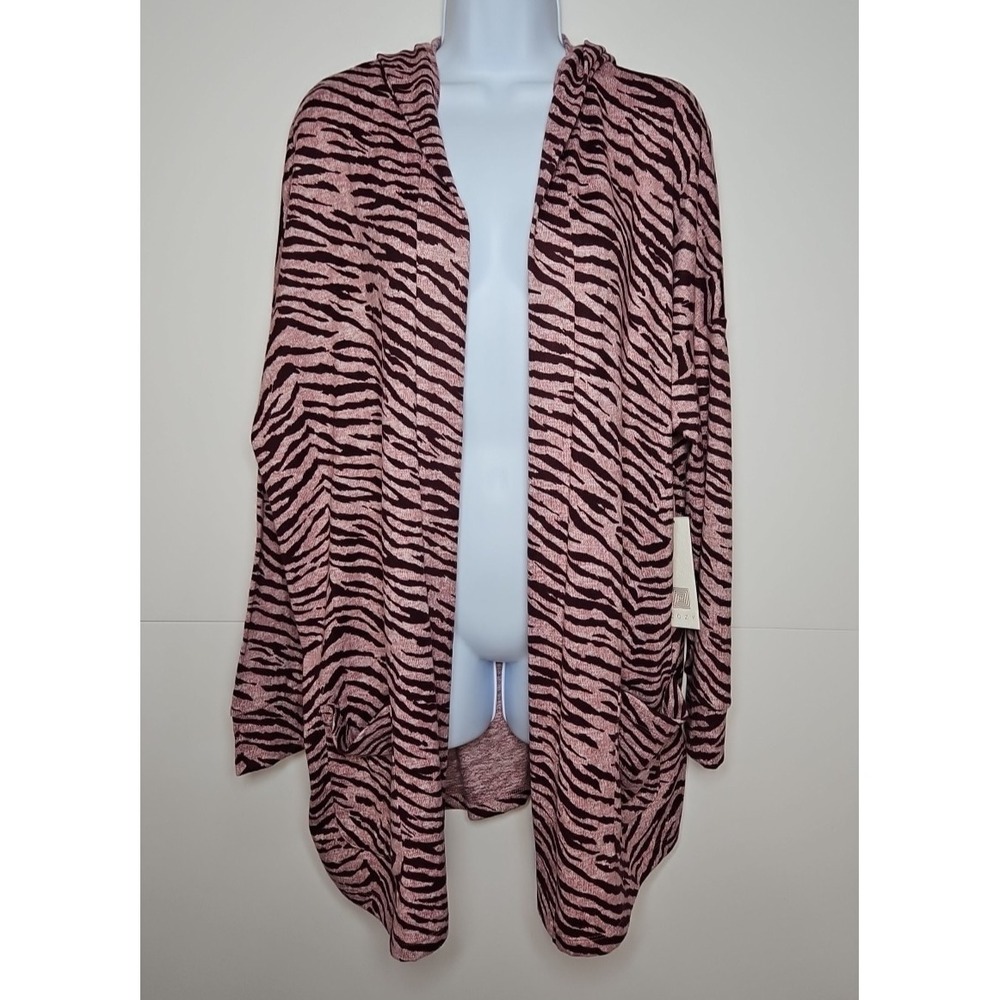 Cozy Womens Open Front Pink Tiger Stripe Hooded Sweater Cardigan Size XL NWT